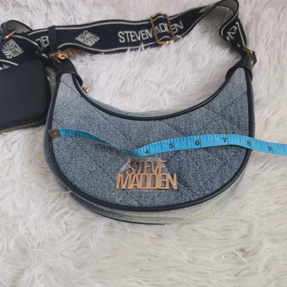 Steve Madden Blue Quilted Denim Crescent Shoulder Bag With Coin Purse Logo Strap